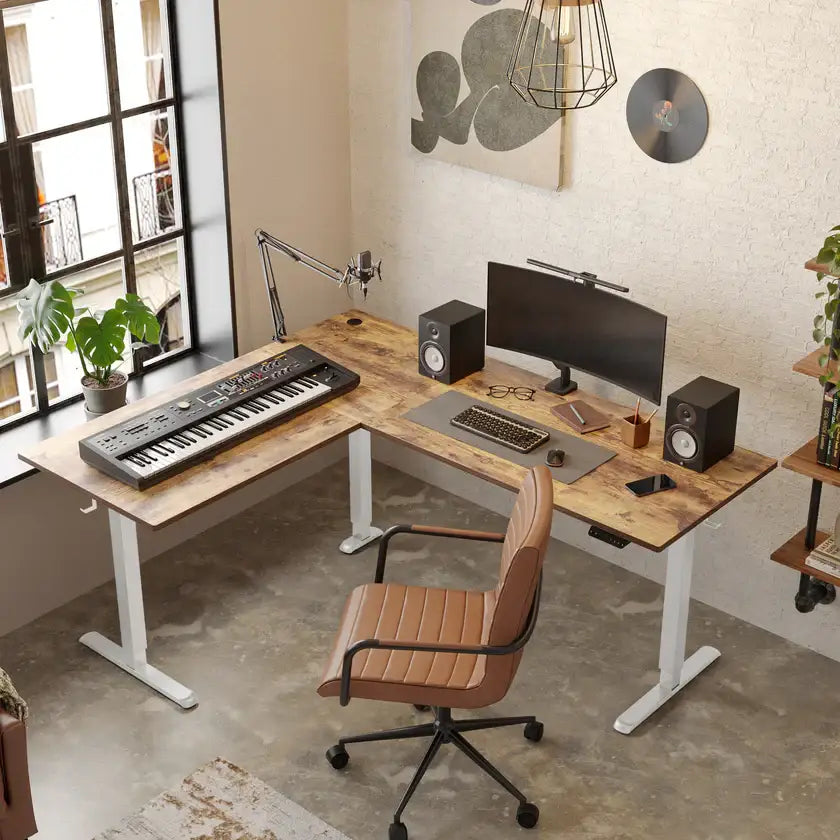Triple Motor L-shaped Standing Desk - Rustic Brown / 63’’ x 48’’ - Desk > Standing Desk > L Shaped Standing Desk
