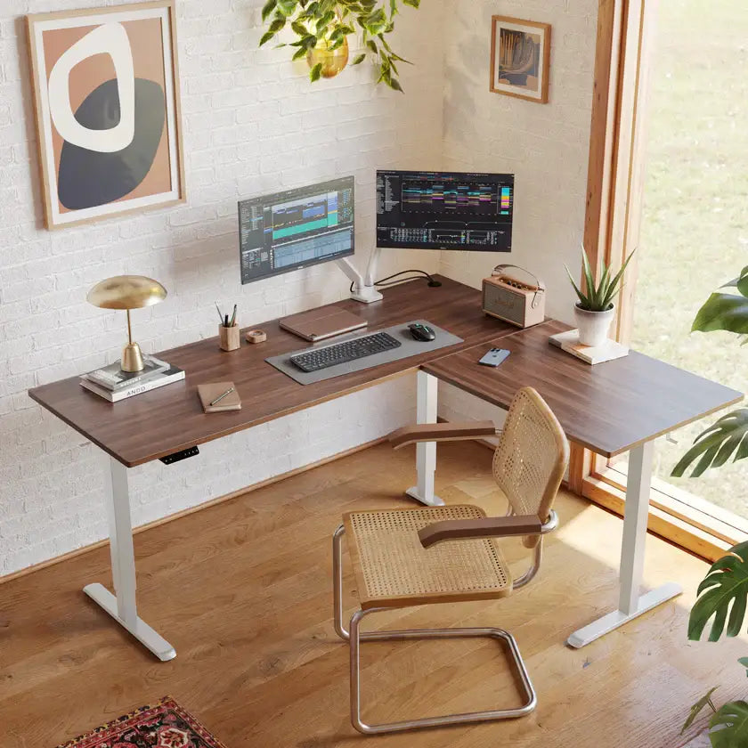 Triple Motor L-shaped Standing Desk - Black Walnut / 63’’ x 48’’ - Desk > Standing Desk > L Shaped Standing Desk