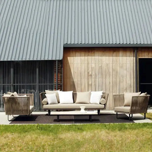 U-shape rattan outdoor sofa set showing woven material texture and modern garden furniture design detail