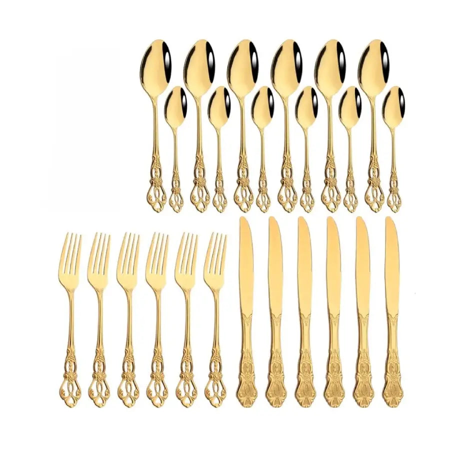 Vintage Cutlery Set Knife Fork Spoon - 24Pcs Gold - Knives