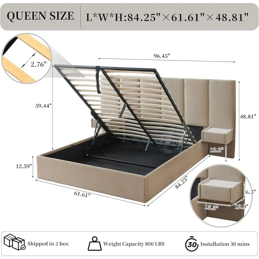 Wide Hotel Headboard Upholstered Lift Storage Bed Frame - Queen - Home