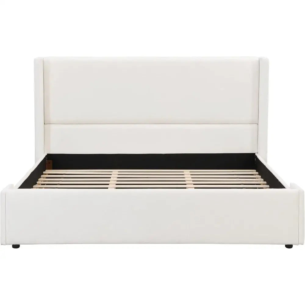 Wingback King Upholstered Wood Slats Platform Bed Frame - White - Bedroom