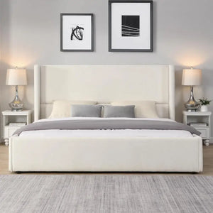 Wingback King Upholstered Wood Slats Platform Bed Frame - White - Bedroom