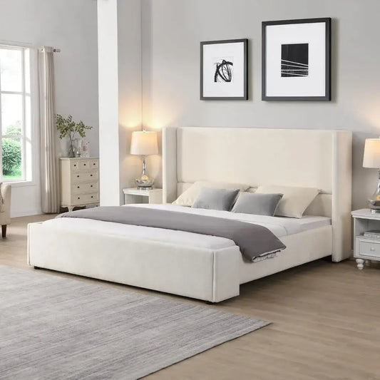 Wingback King Upholstered Wood Slats Platform Bed Frame - White - Bedroom