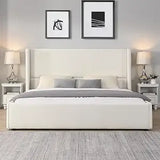 Wingback King Upholstered Wood Slats Platform Bed Frame - White - Bedroom