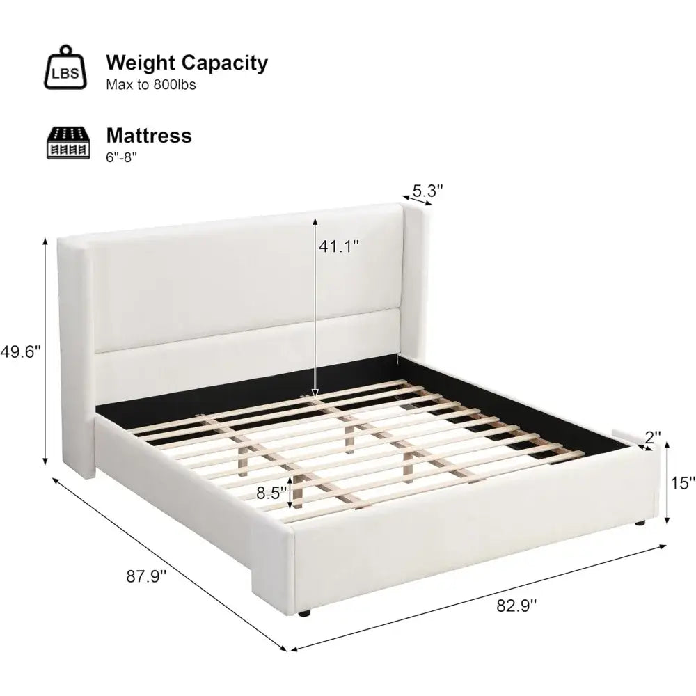 Wingback King Upholstered Wood Slats Platform Bed Frame - White - Bedroom